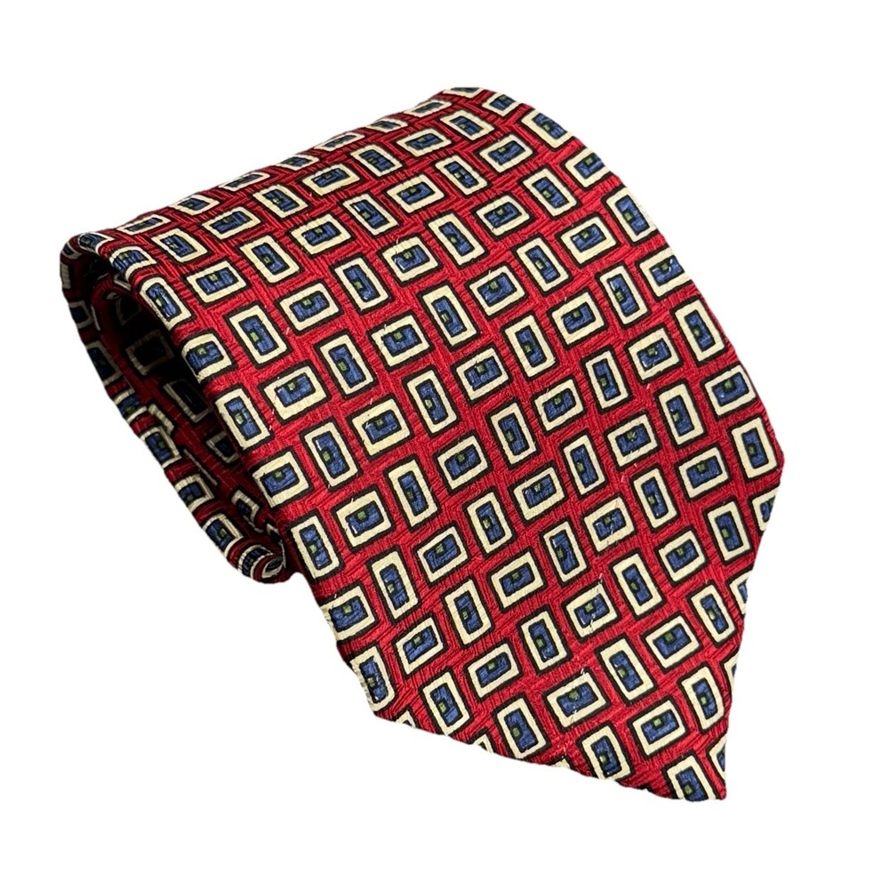 Polo‎ Ralph Lauren Mens Vintage Tie Geometric Check Red/Blue Silk Hand Made